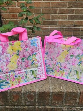 LILLY PULITZER Floral Orchids Garden Pink Reusable Tote Bag, Lot Of 2, 11x9x6"
